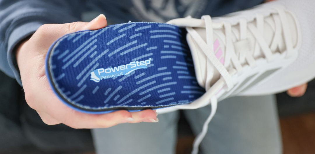 Up close photo of Pinnacle insole in a tennis shoe