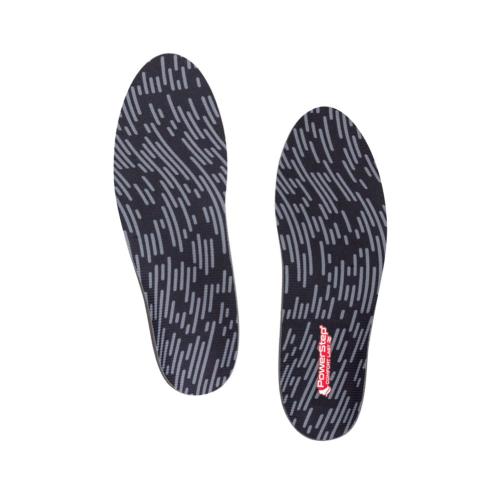 Top view of ComfortLast Shoe insoles with black polyester top fabric, these shoes inserts help relieve and prevent pain from conditions caused by foot malalignment, relief from pronation, relief from metatarsalgia, relief from morton&