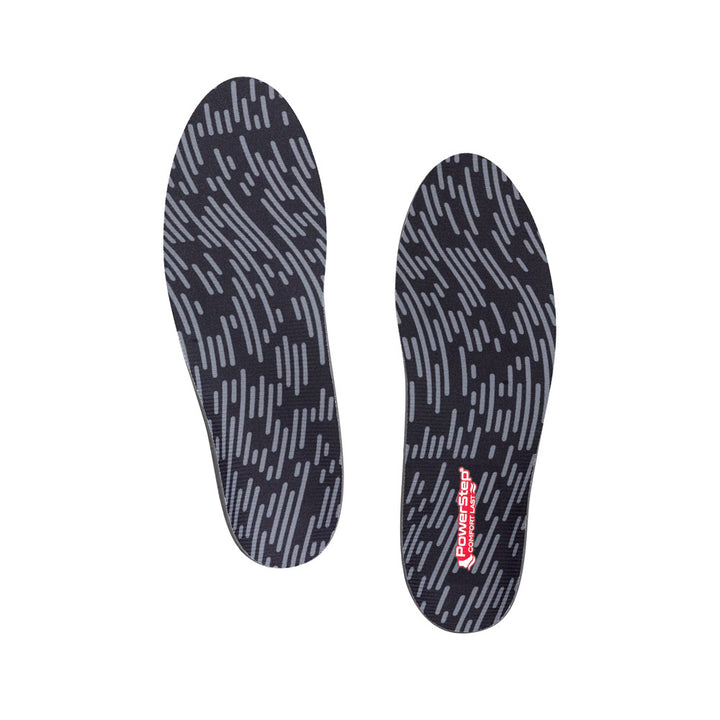 Top view of ComfortLast Shoe insoles with black polyester top fabric, these shoes inserts help relieve and prevent pain from conditions caused by foot malalignment, relief from pronation, relief from metatarsalgia, relief from morton&