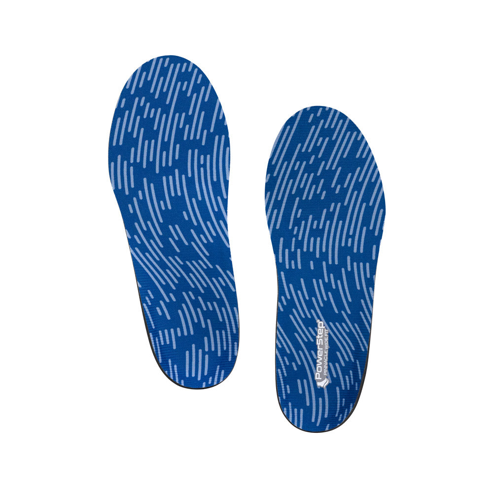 Top view of Pinnacle Wide Fit Neutral Arch Support Shoe insoles with blue polyester top fabric, walking shoe insoles, relief from mild overpronation, women&