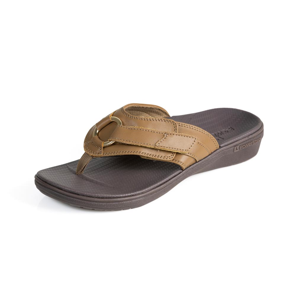 powerstep orthotic arch supporting fashion dress sandals for women, tan and brown fashion dress sandals 
