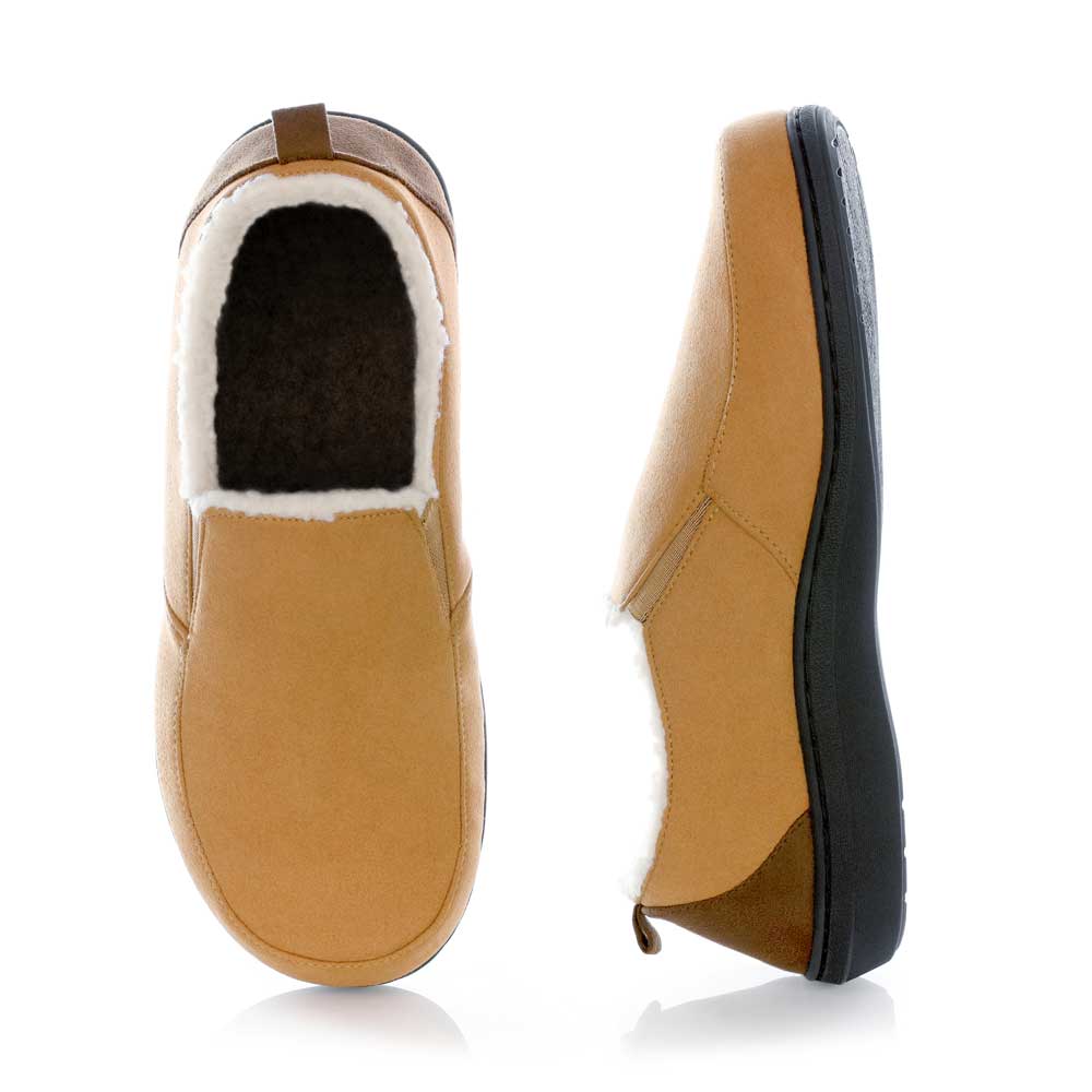 PowerStep Orthotic Arch Supporting slippers for Men, view of orthotic twin-gore slipper for men from top, arch supporting slippers, brown and ivory 