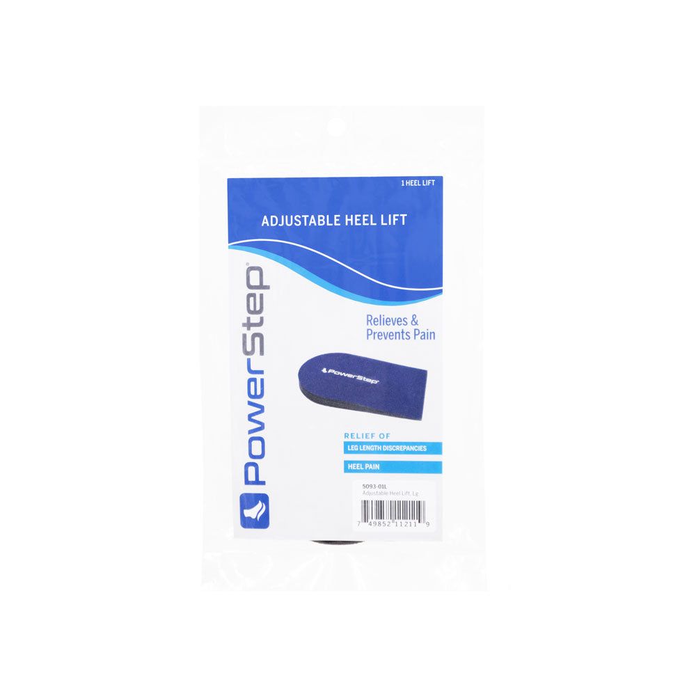 Front of Adjustable Heel Lift in blue and white packaging in clear bag. Relieves &amp; prevents pain. Relief of leg length discrepancies and heel pain.