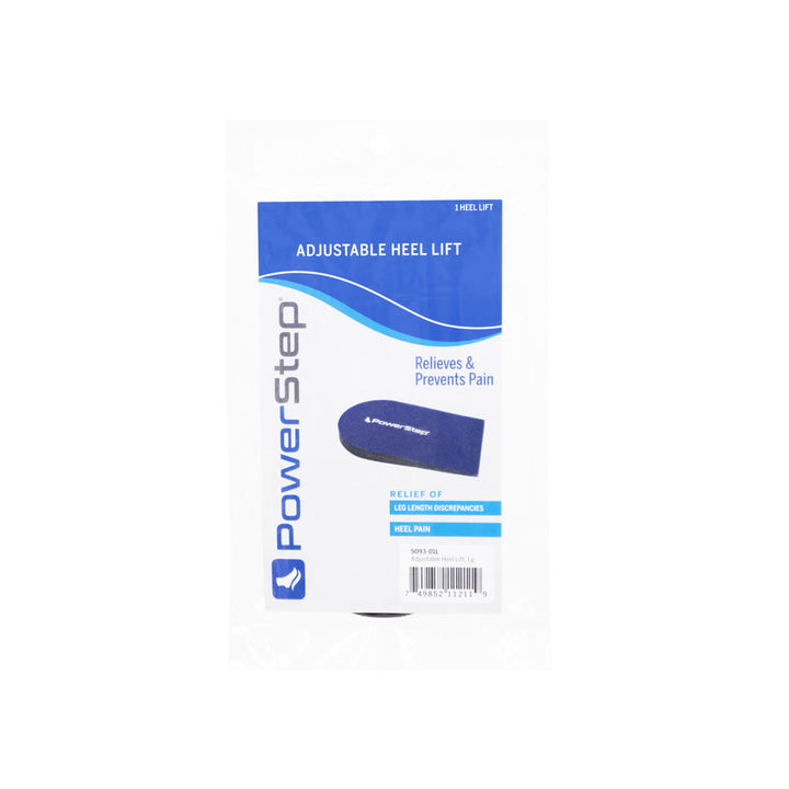Front of Adjustable Heel Lift in blue and white packaging in clear bag. Relieves &amp; prevents pain. Relief of leg length discrepancies and heel pain.