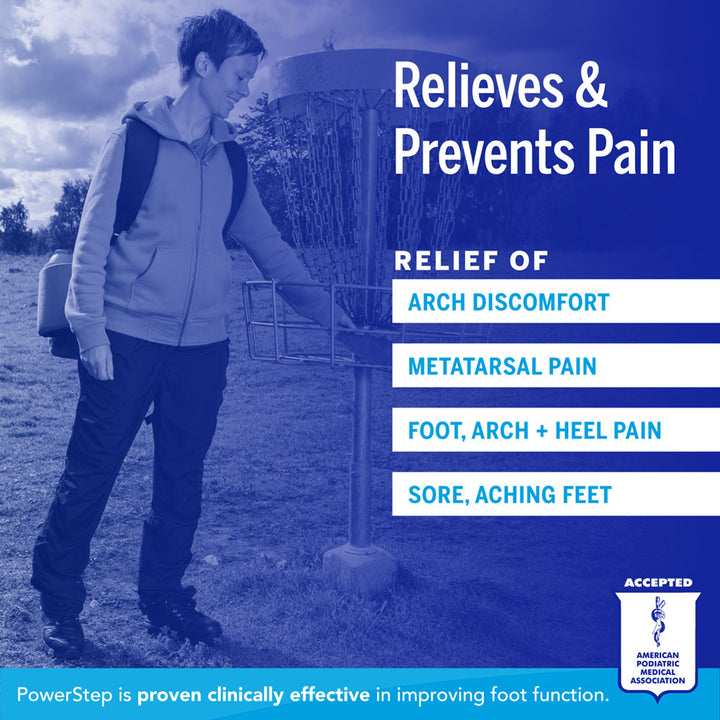 Relieves &amp; Prevents Pain: Relief of arch discomfort, metatarsal pain, foot, arch, &amp; heel pain, sore, aching feet. PowerStep is proven clinically effective in improving foot function. Accepted by the American Podiatric Medical Association.
