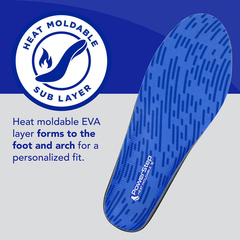 Heat Moldable Sub-Layer: Heat moldable EVA layer forms to the foot and arch for a personalized fit.