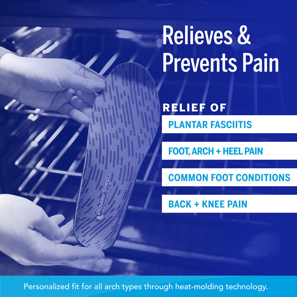Relieves &amp; Prevents Pain: Relief of Plantar fasciitis, foot, arch &amp; heel pain, common foot conditions, back &amp; knee pain. Personalized fit for all arch types through heat-molding technology.