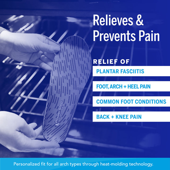 Relieves &amp; Prevents Pain: Relief of Plantar fasciitis, foot, arch &amp; heel pain, common foot conditions, back &amp; knee pain. Personalized fit for all arch types through heat-molding technology.