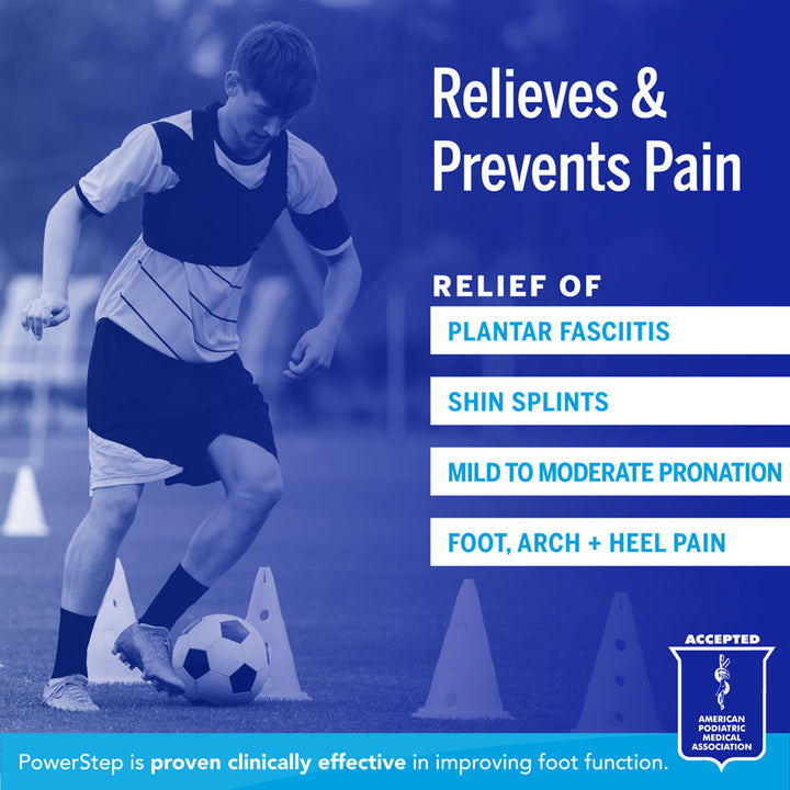 Relieves &amp; Prevents Pain: Relief of plantar fasciitis, shin splints, mild to moderate pronation, foot, arch and heel pain. PowerStep is proven clinically effective in improving foot function. Accepted by the American Podiatric Medical Association.
