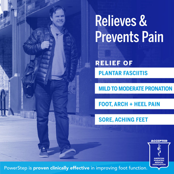 Relieves &amp; Prevents Pain: Relief of plantar fasciitis, mild to moderate pronation, foot, arch, and heel pain, sore, aching feet. PowerStep is proven clinically effective in improving foot function. Accepted by the American Podiatric Medical Association.