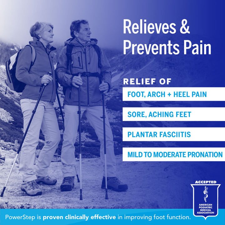 Relieves &amp; Prevents Pain: Relief of foot, arch, and heel pain, sore, aching feet, plantar fasciitis, mild to moderate pronation. PowerStep is proven clinically effective in improving foot function. Accepted by the American Podiatric Medical Association.
