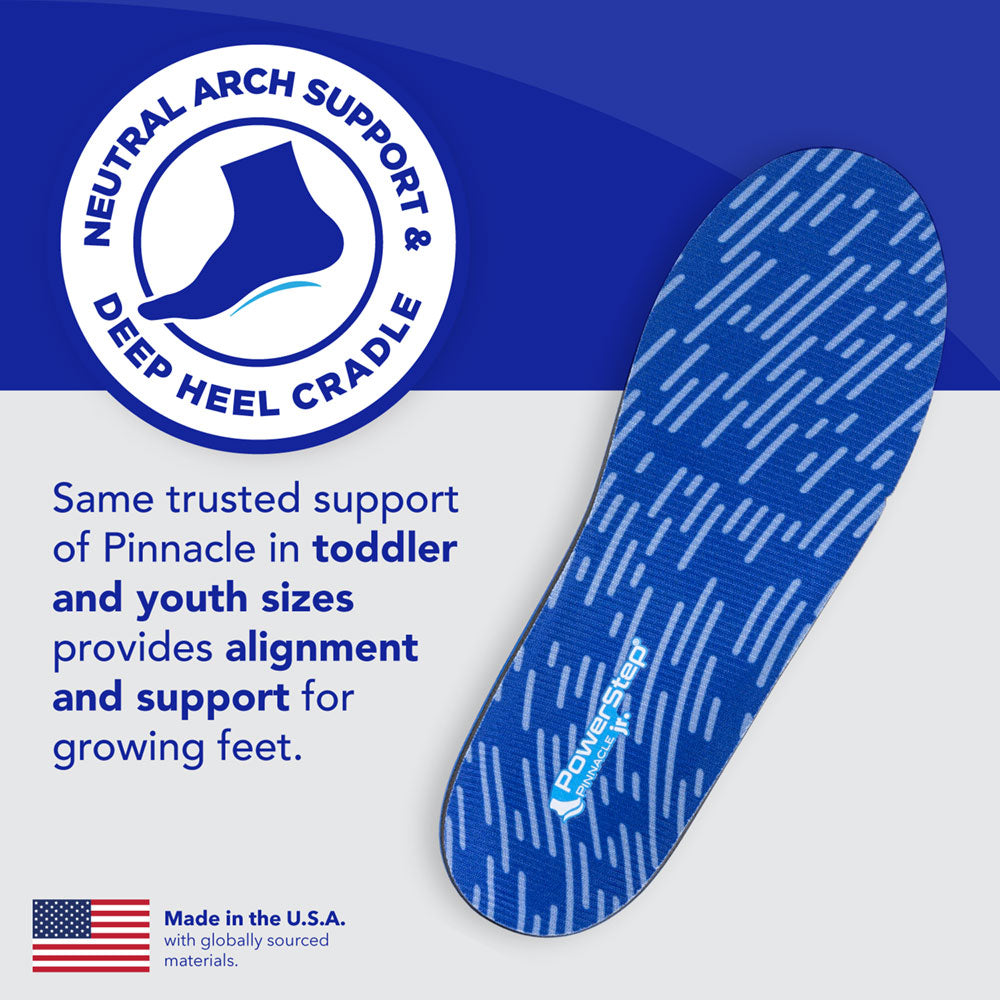 Neutral Arch Support &amp; Deep Heel Cradle: Same trusted support of Pinnacle in toddler and youth sizes provides alignment and support for growing feet. Made in the USA with globally sourced materials.
