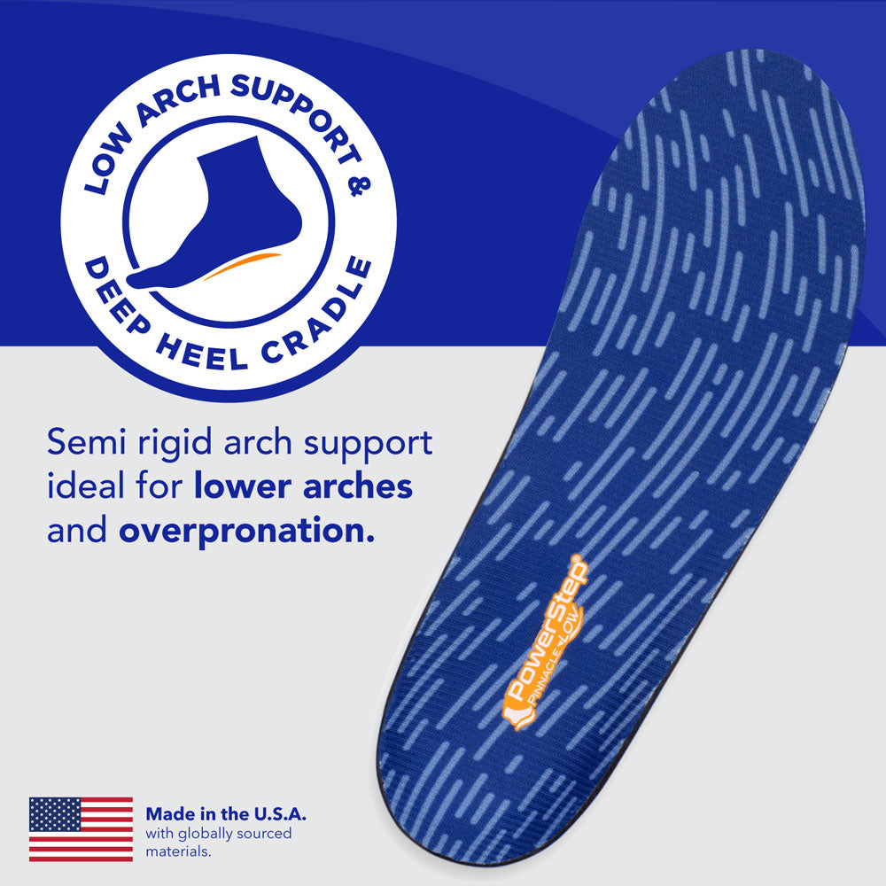 Low arch support &amp; deep heel cradle: Semi rigid arch support ideal for lower arches and overpronation. Made in the USA with globally sourced materials.