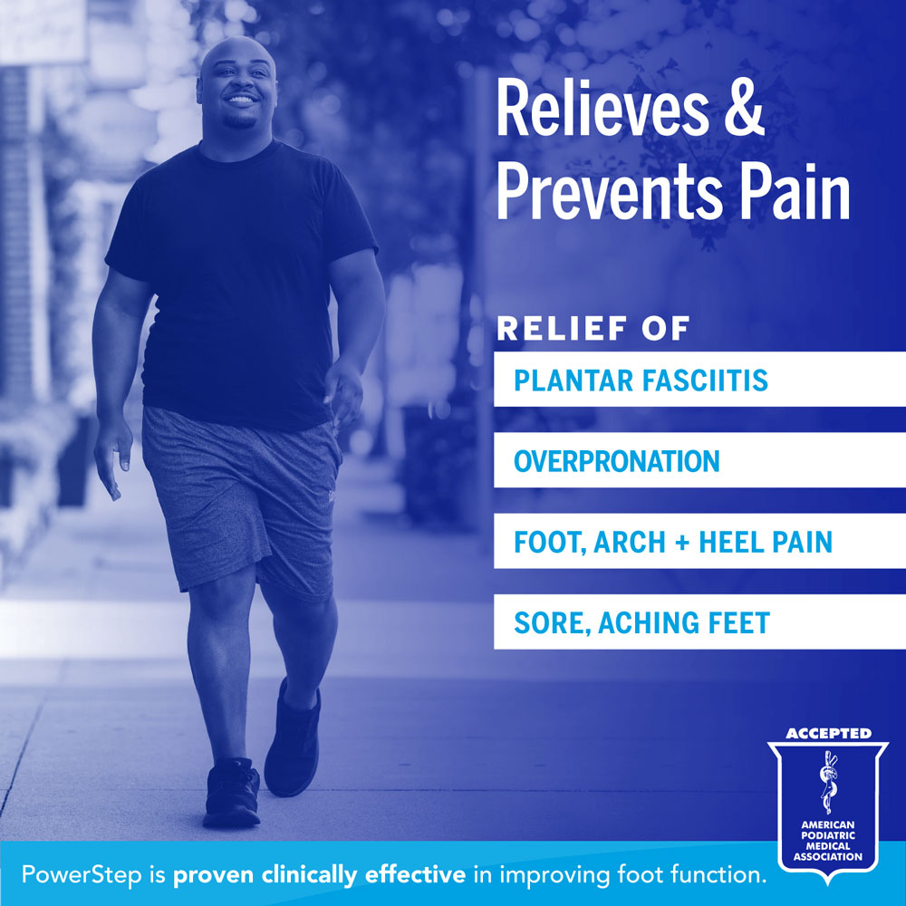 Relieves &amp; Prevents Pain: Relief of plantar fasciitis, overpronation, foot, arch, and heel pain, sore, aching feet. PowerStep is proven clinically effective in improving foot function. Accepted by the American Podiatric Medical Association.