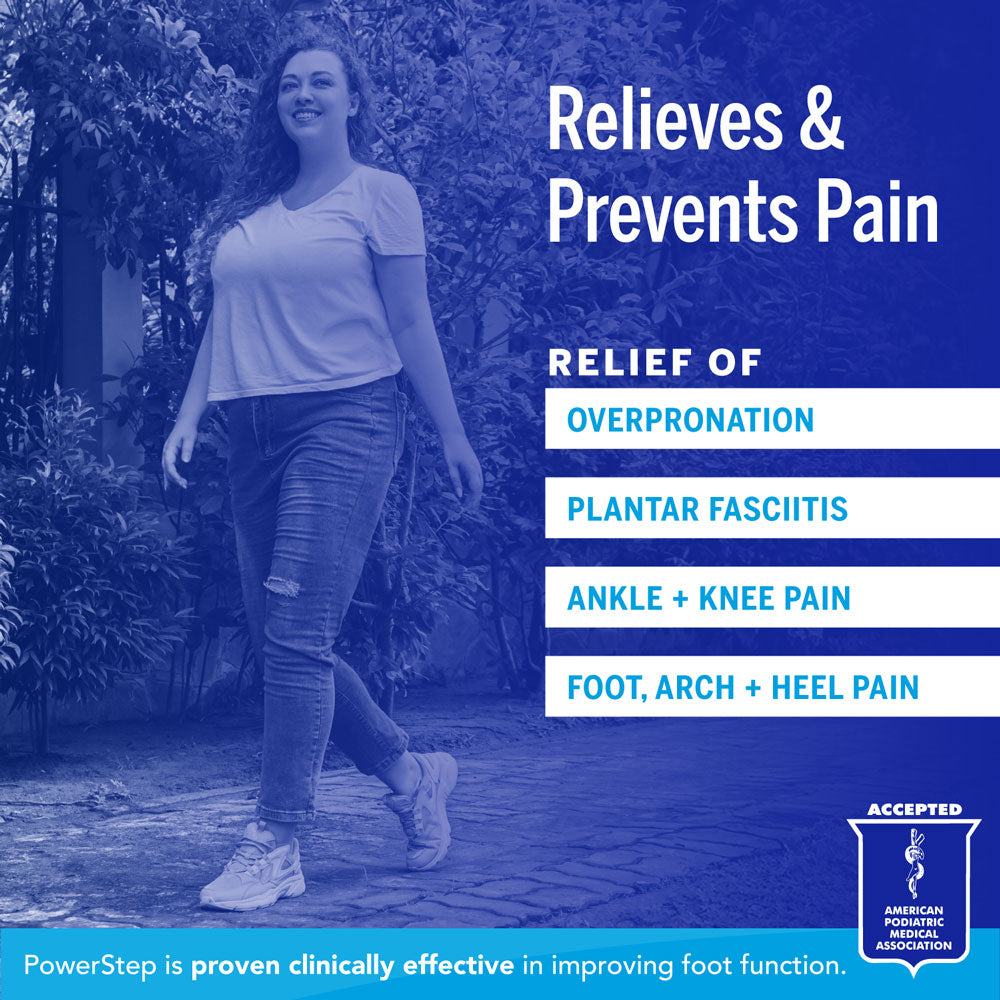 Relieves &amp; Prevents Pain: Relief of overpronation, plantar fasciitis, ankle and knee pain, foot, arch, and heel pain. PowerStep is proven clinically effective in improving foot function. Accepted by the American Podiatric Medical Association.