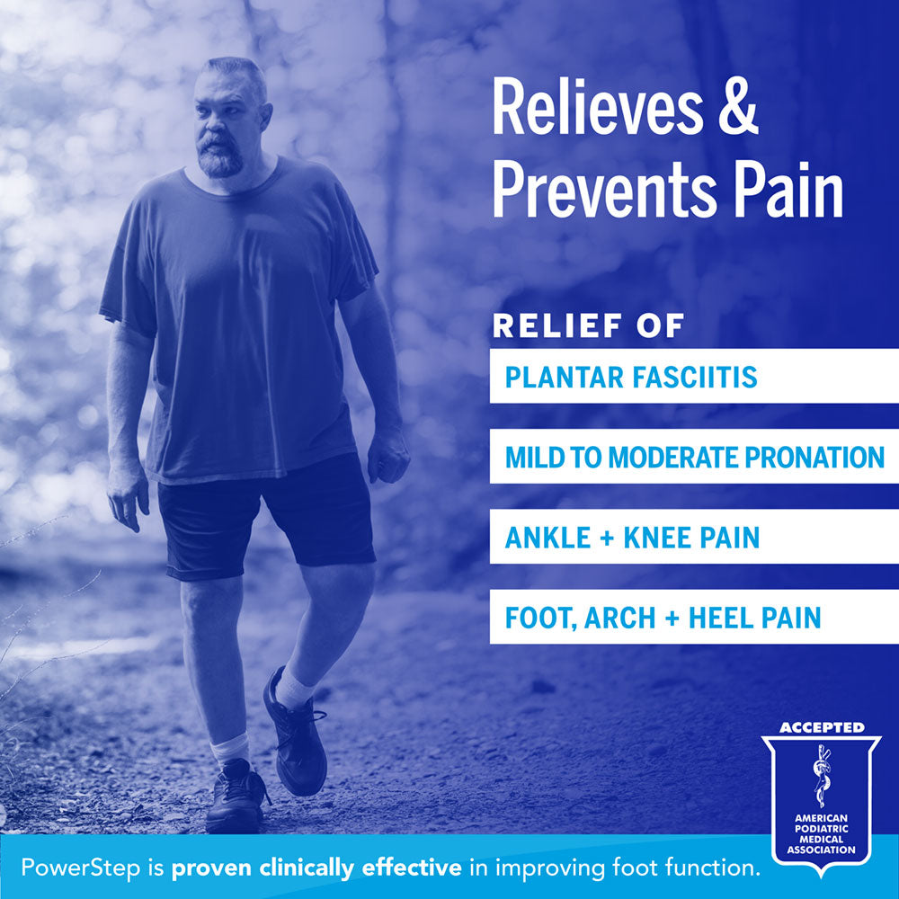 Relieves &amp; Prevents Pain: Relief of plantar fasciitis, mild to moderate pronation, ankle and knee pain, foot, arch, and heel pain. PowerStep is proven clinically effective in improving foot function. Accepted by the American Podiatric Medical Association.