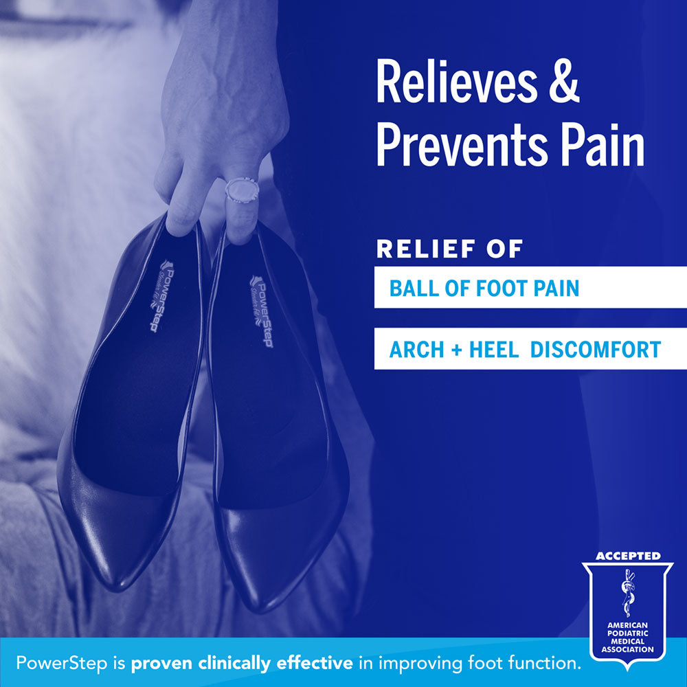 Relieves & Prevents Pain: Relief of ball of foot pain, arch and heel discomfort. PowerStep is proven clinically effective in improving foot function. Accepted by the American Podiatric Medical Association. #color_black