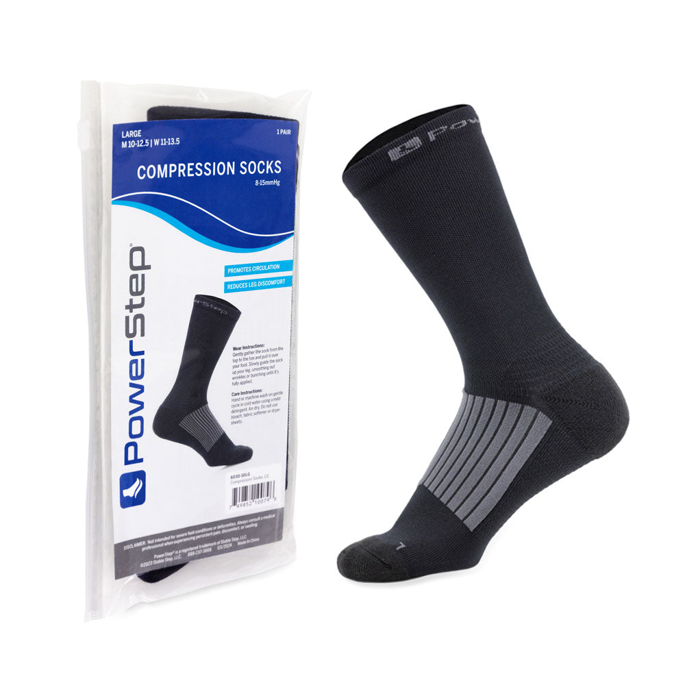 Compression sock white, blue, and gray packaging next to powersteptrendy.compression Sock. Profile view of sock
