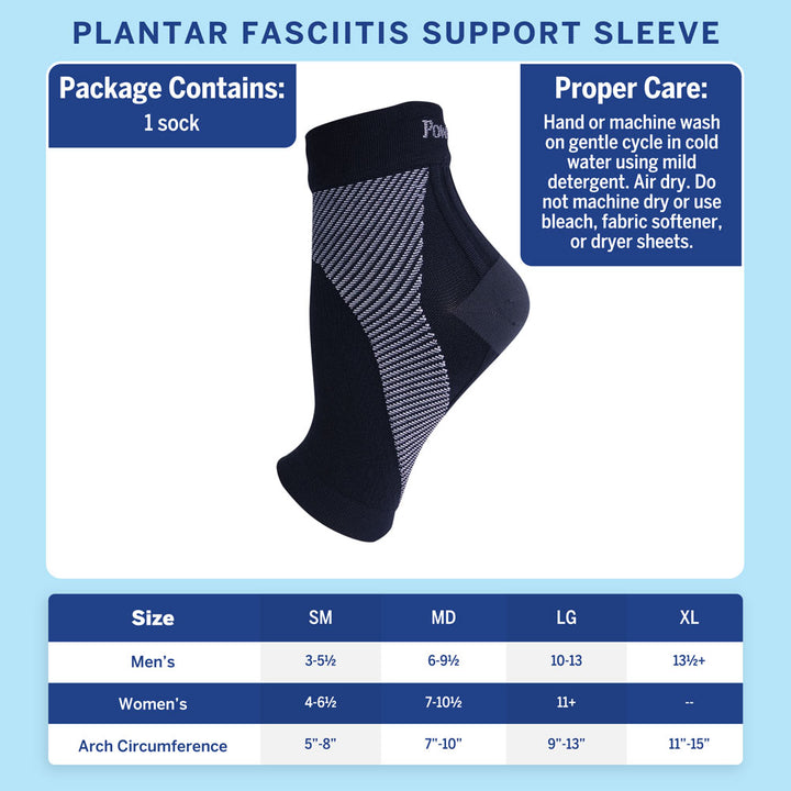 Plantar Fasciitis Support Sleeve. Package contains: 1 sock. Proper Care: Hand or machine wash on gentle cycle in cold water using mild detergent. Air dry. Do not machine dry or use bleach, fabric softener, or dryer sheets. Available in sizes ranging from men&