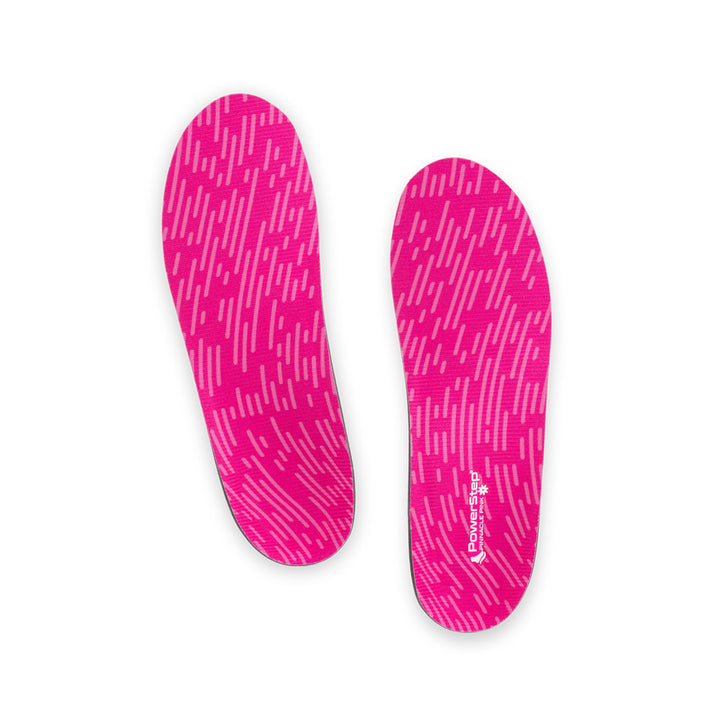 Top view of Pinnacle Pink Neutral Arch Support Shoe insoles with pink polyester top fabric, walking shoe insoles, relief from mild overpronation, women&