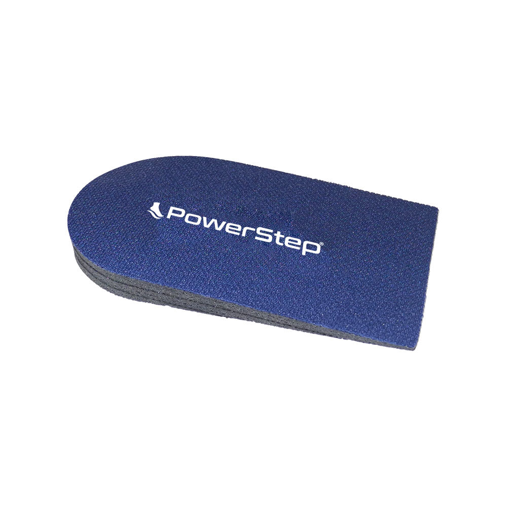Side view of PowerStep Adjustable Heel Lift, dark blue, accommodates leg length discrepancy by providing 1/8, 1/4, or 3/8 inch additional height adjustment at the heel