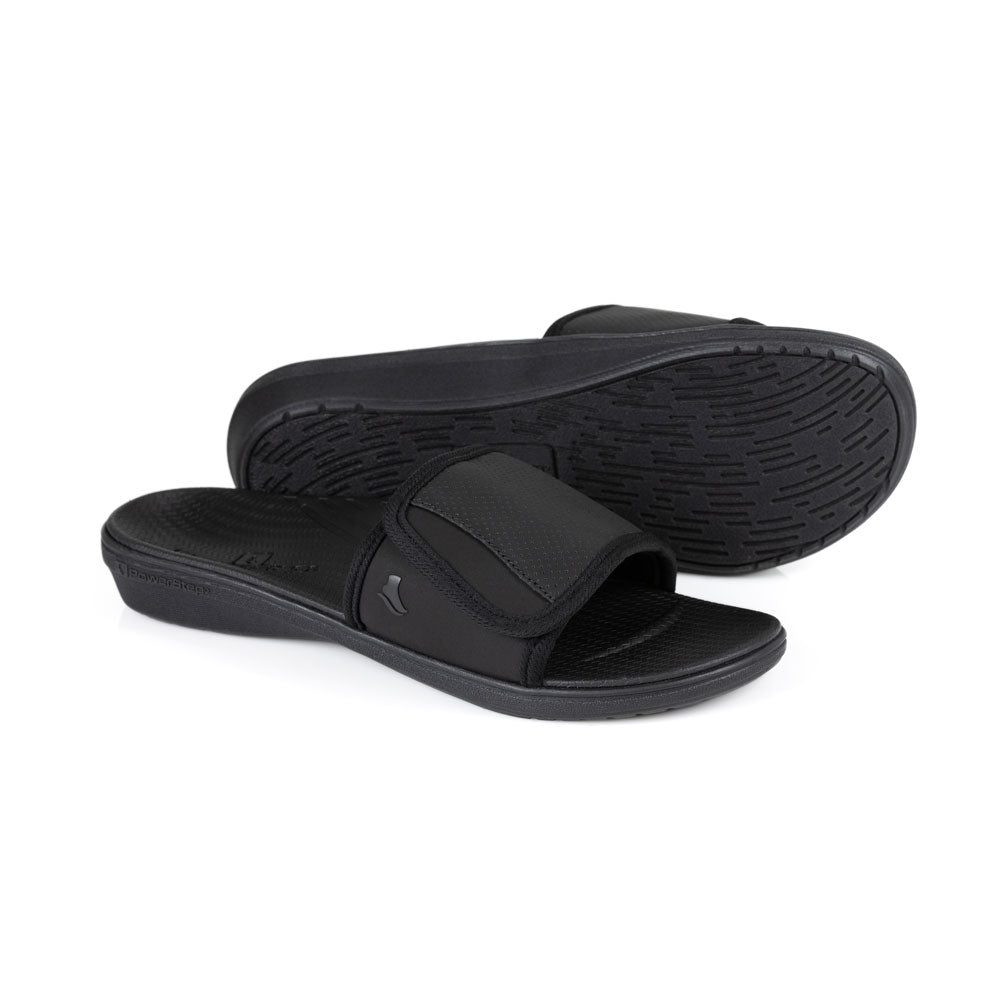 powerstep orthotic arch supporting slide sandals for men, black slide sandals, slip-on shoe, base of sandal with traction 