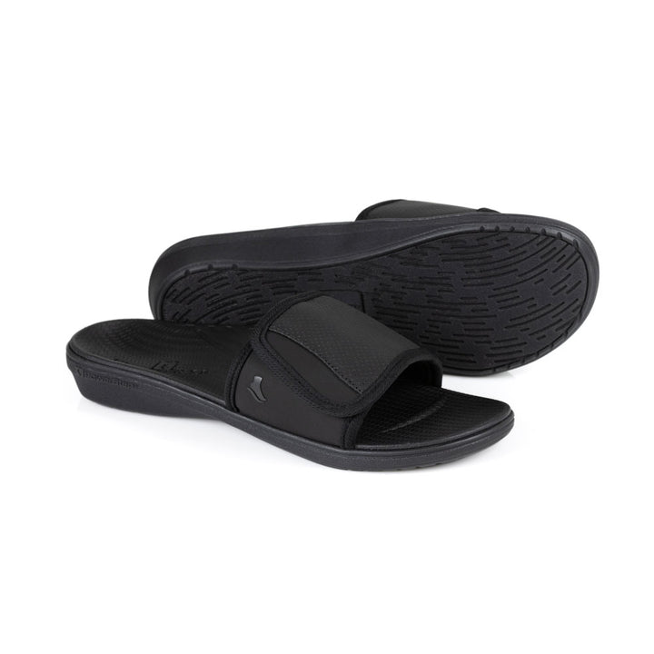 powerstep orthotic arch supporting slide sandals for men, black slide sandals, slip-on shoe, base of sandal with traction 