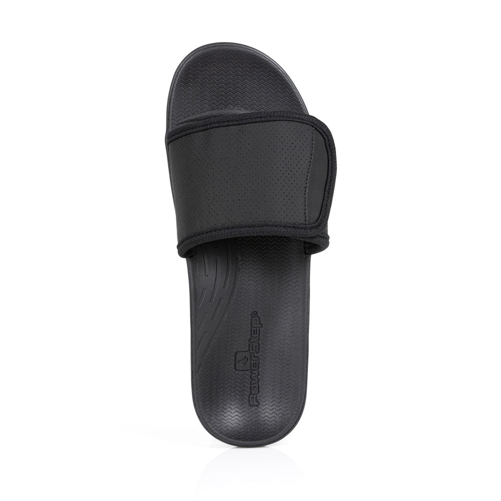 powerstep orthotic arch supporting slide sandals for men, black slide sandals, slip-on shoe, top view of sandal 
