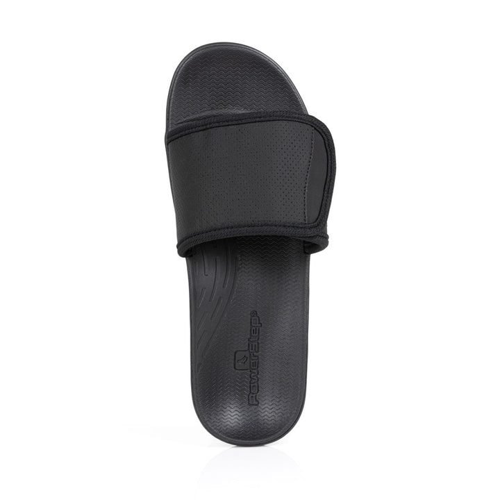 powerstep orthotic arch supporting slide sandals for men, black slide sandals, slip-on shoe, top view of sandal 