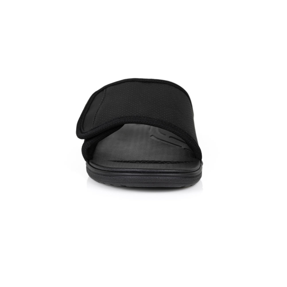 powerstep orthotic arch supporting slide sandals for men, black slide sandals, slip-on shoe, view of slide sandals from toe 