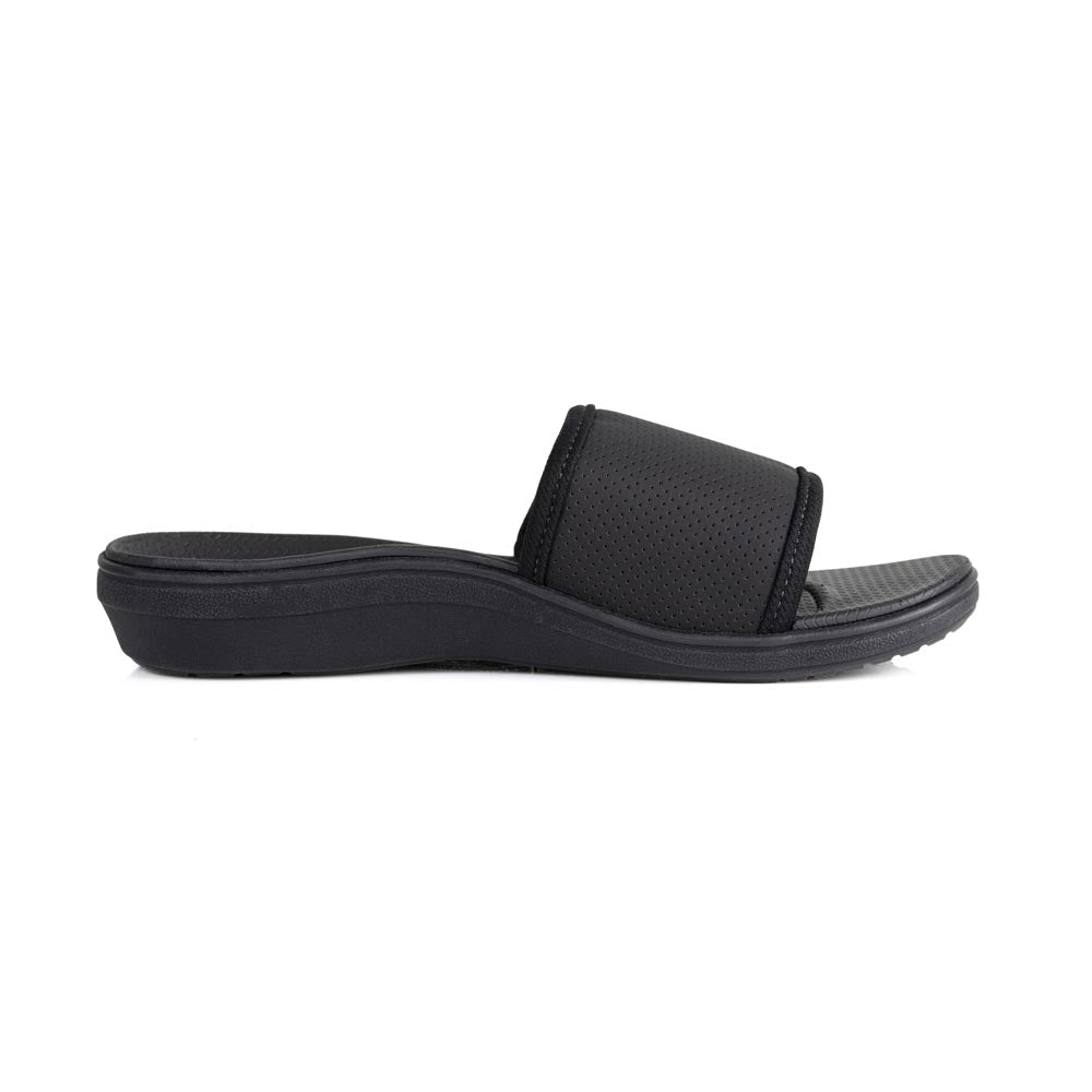 powerstep orthotic arch supporting slide sandals for women, black slide sandals, slip-on shoe, profile view of arch support 