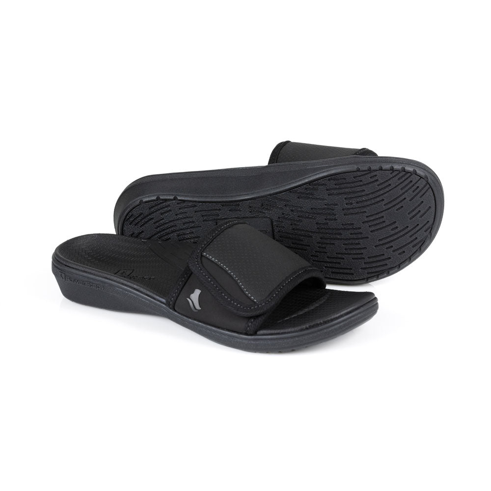 powerstep orthotic arch supporting slide sandals for women, black slide sandals, slip-on shoe, base of sandal with traction 