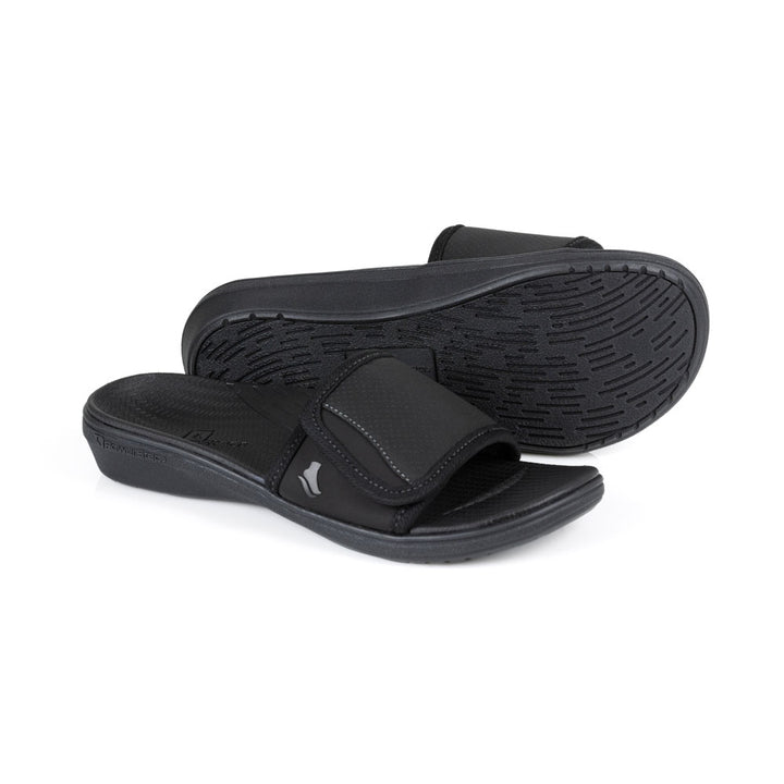 powerstep orthotic arch supporting slide sandals for women, black slide sandals, slip-on shoe, base of sandal with traction 