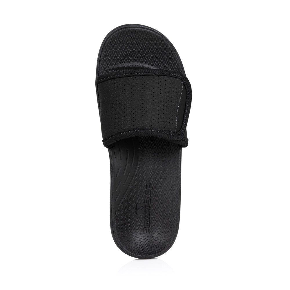 powerstep orthotic arch supporting slide sandals for women, black slide sandals, slip-on shoe, top view of sandal 