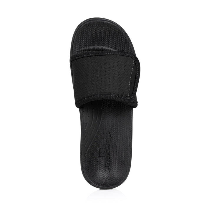 powerstep orthotic arch supporting slide sandals for women, black slide sandals, slip-on shoe, top view of sandal 