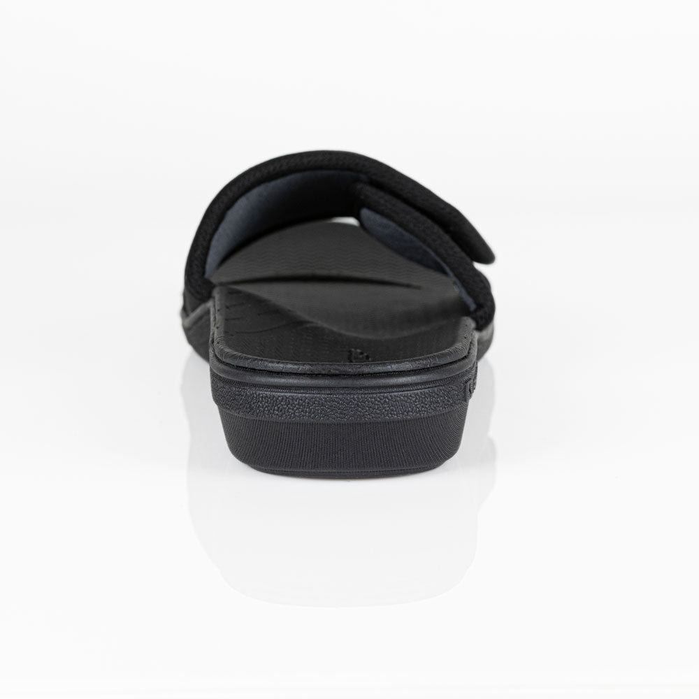 powerstep orthotic arch supporting slide sandals for women, black slide sandals, slip-on shoe, view of slide sandals from heel showing arch support 
