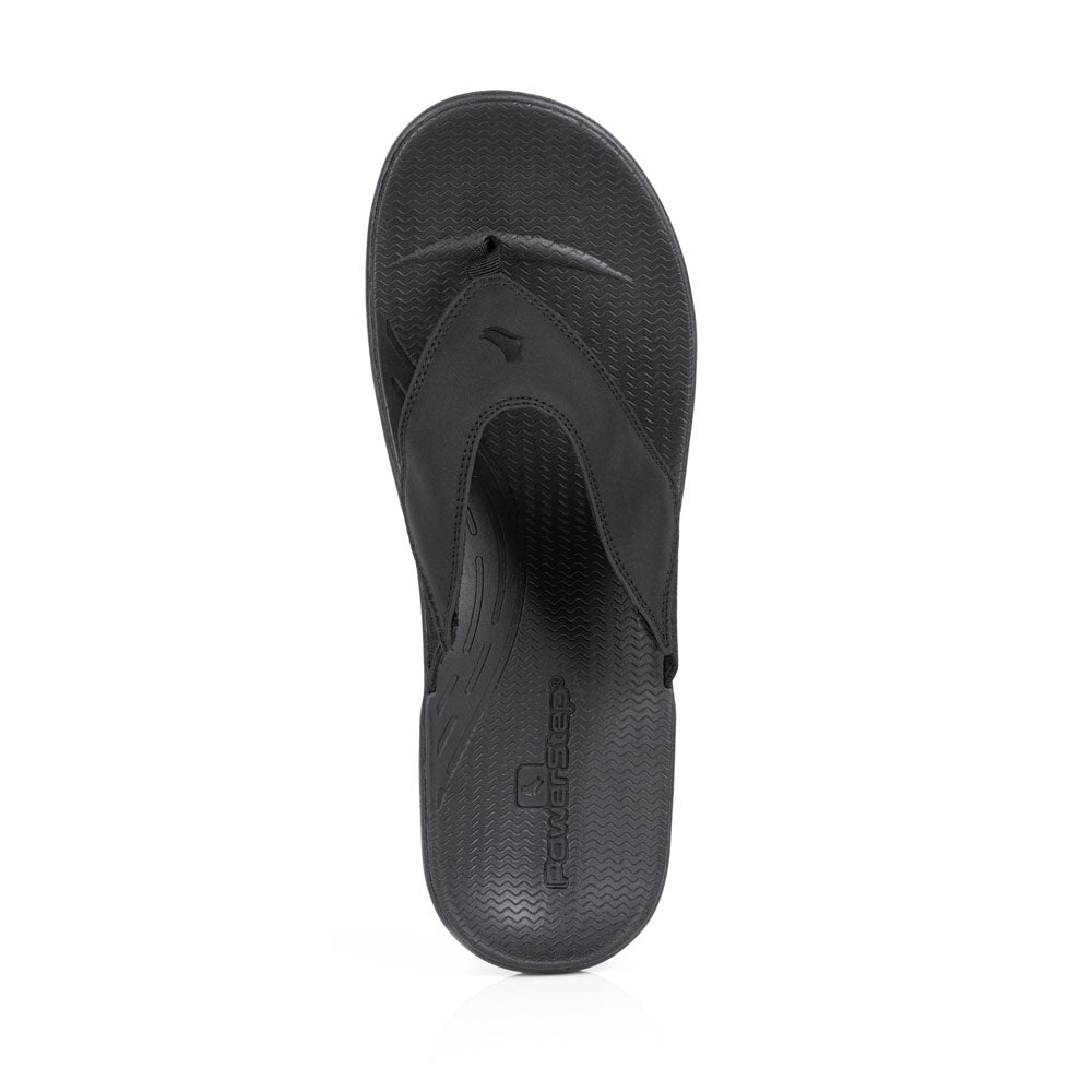 powerstep orthotic arch supporting sandals for men, black sandals, top view of sandal 