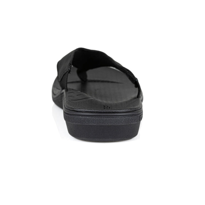powerstep orthotic arch supporting sandals for men, black sandals, view of sandals from heel showing arch support 