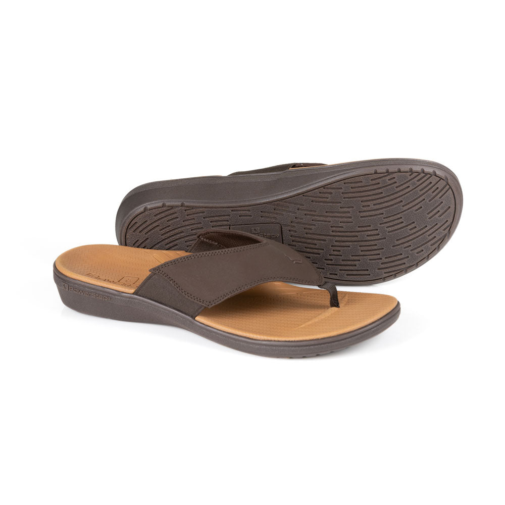 powerstep orthotic arch supporting sandals for men, brown sandals, base of sandal with traction 