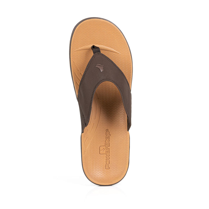 powerstep orthotic arch supporting sandals for men, brown sandals, top view of sandal 