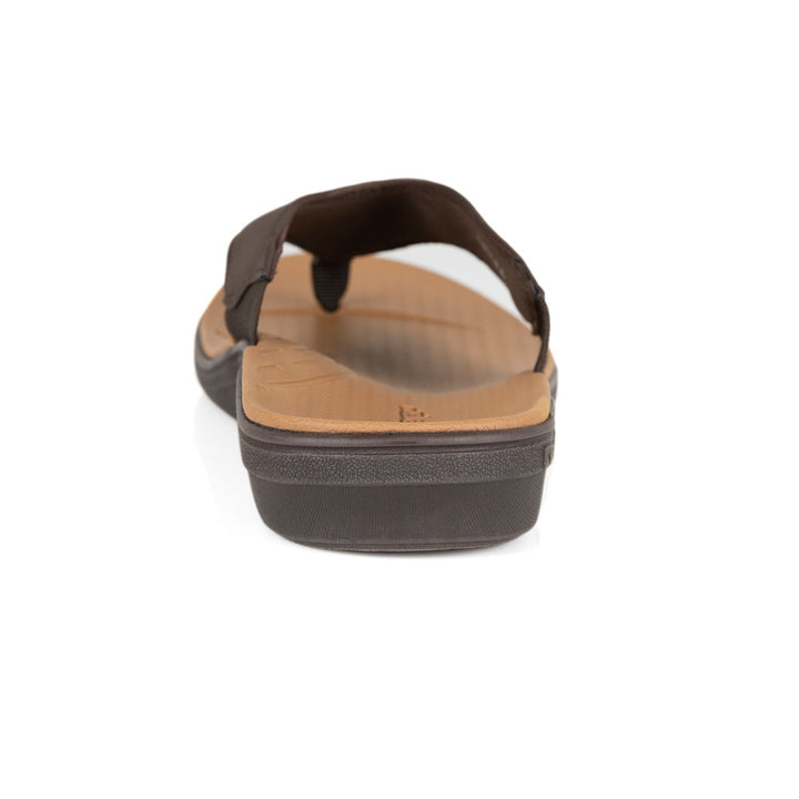 powerstep orthotic arch supporting sandals for men, brown sandals, view of sandals from heel showing arch support 
