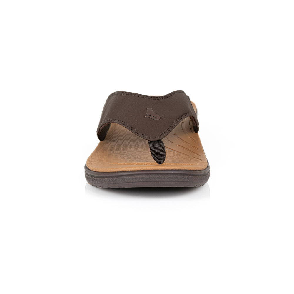 powerstep orthotic arch supporting sandals for men, brown sandals, view of sandals from toe 