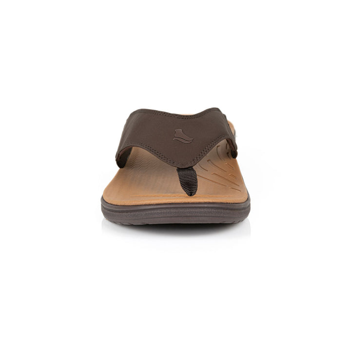 powerstep orthotic arch supporting sandals for men, brown sandals, view of sandals from toe 