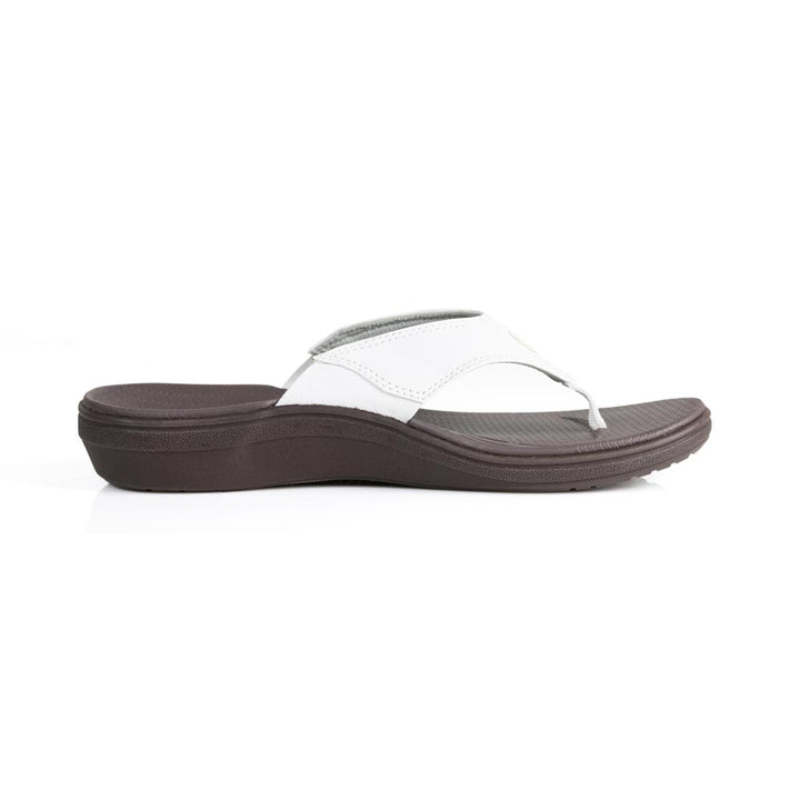 powerstep orthotic arch supporting sandals for women, white and brown sandals, profile view of arch support 