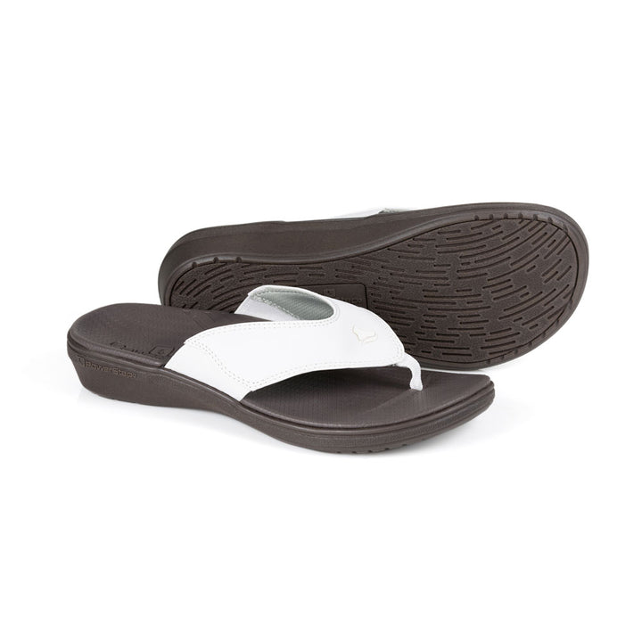 powerstep orthotic arch supporting sandals for women, white and brown sandals, base of sandal with traction 