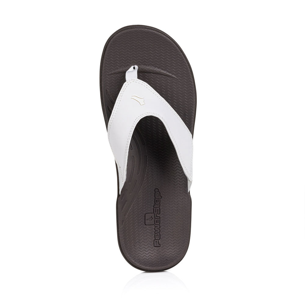 powerstep orthotic arch supporting sandals for women, white and brown sandals, top view of sandal 