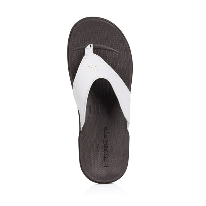 powerstep orthotic arch supporting sandals for women, white and brown sandals, top view of sandal 