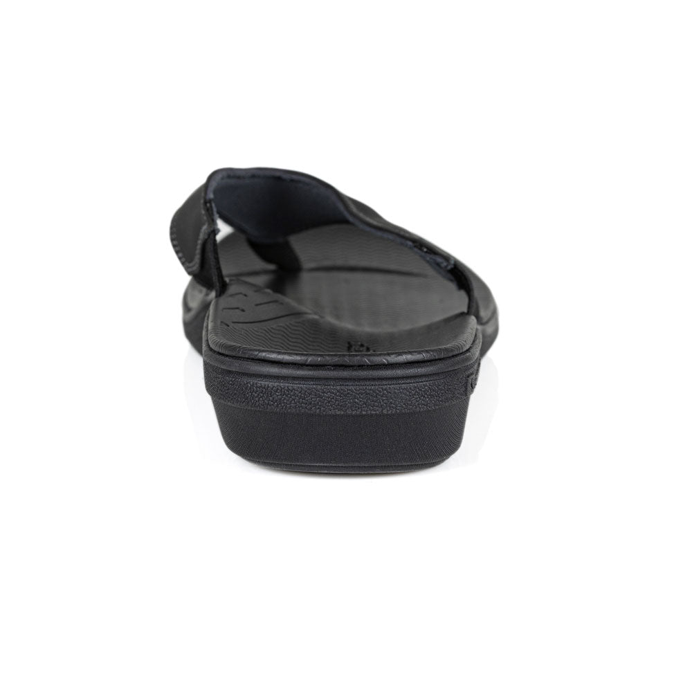 powerstep orthotic arch supporting sandals for women, black sandals, view of sandals from heel showing arch support 