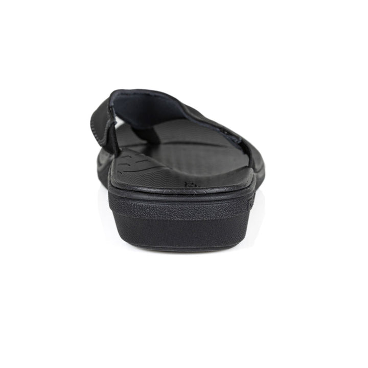 powerstep orthotic arch supporting sandals for women, black sandals, view of sandals from heel showing arch support 