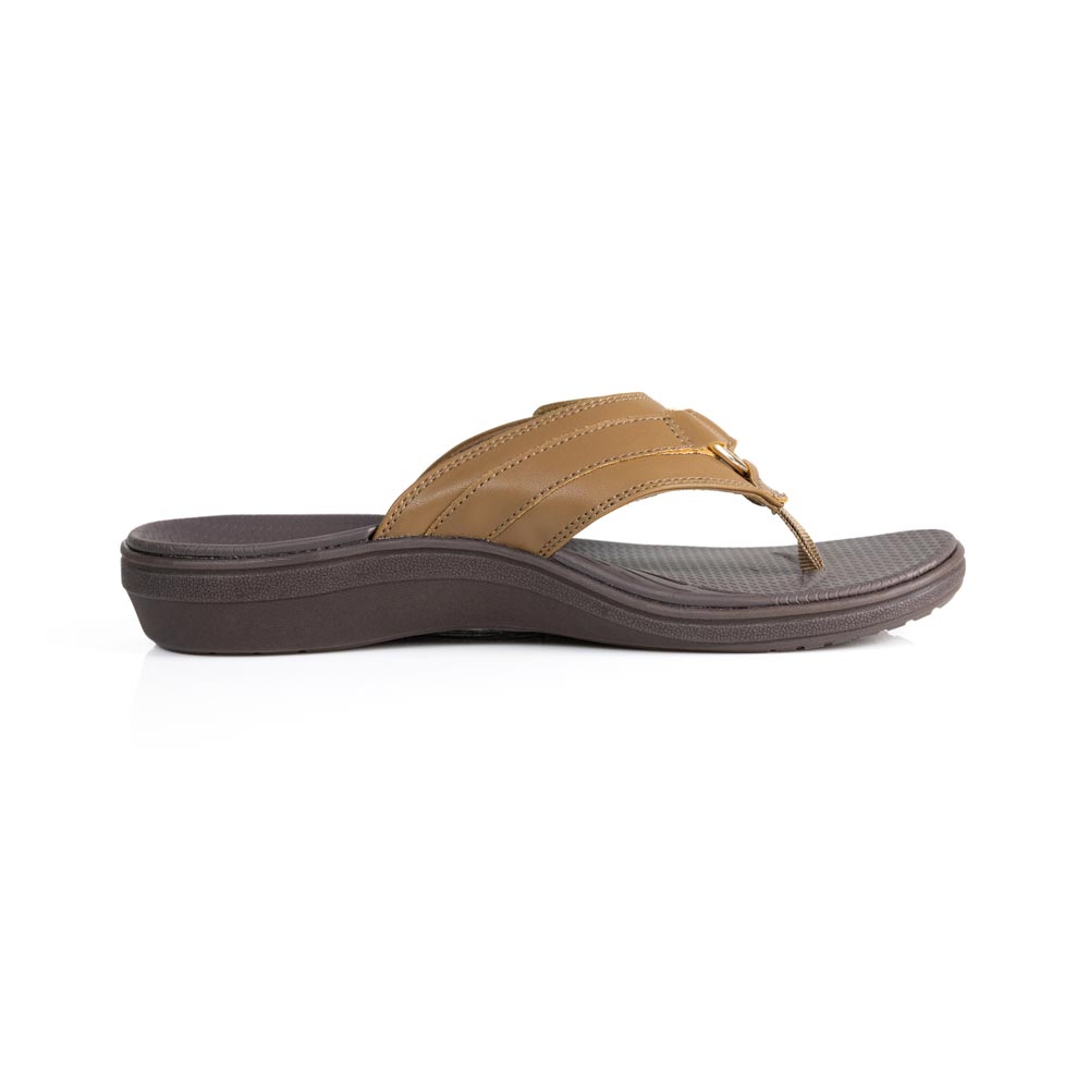 powerstep orthotic arch supporting fashion dress sandals for women, tan and brown fashion dress sandals, profile view of arch support 